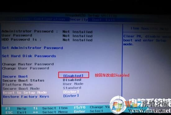 Secure Boot回車設置成Disabled