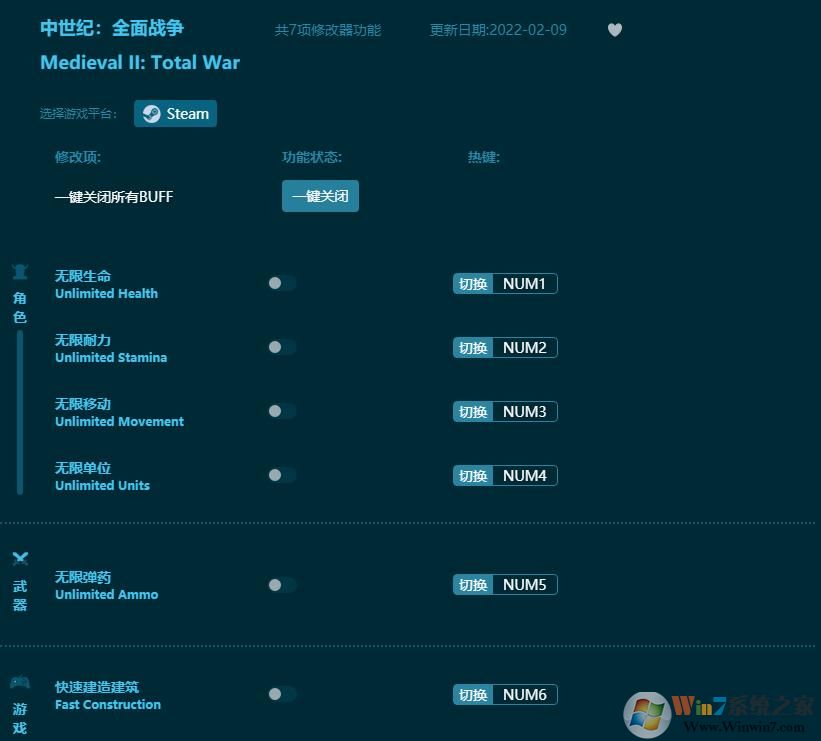 中世紀全面戰(zhàn)爭七項修改器 v2022.3.1
